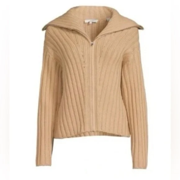 Vince Rib Transfer Wool Cashmere Zip Up Fisherman Sweater Chamois Beige L - Picture 1 of 10